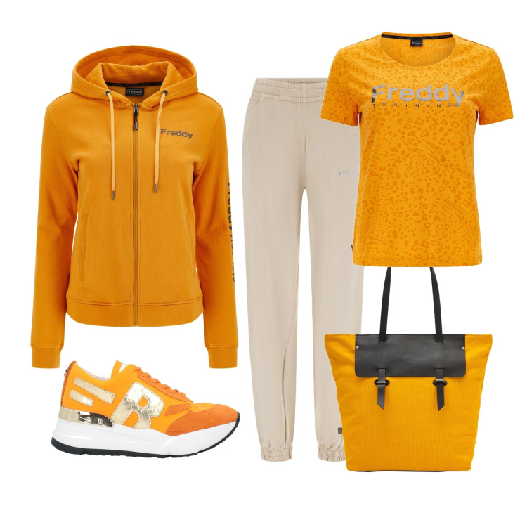 Outfit donna - Zucca e sport. Stile Casual per Scuola/Università. Abbinamento con sneakers, borse tote, pantaloni, felpe con cappuccio, t-shirt.