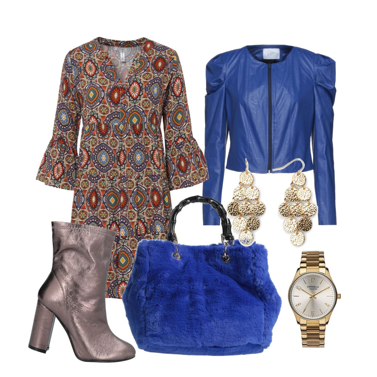 Outfit donna - Dettagli in blu. Stile Casual chic per Tutti i giorni. Abbinamento con vestiti corti, orecchini, giacche, stivaletti, borse a mano, orologi analogici.