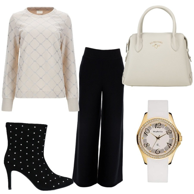 Outfit donna - Bianconero. Stile Bon Ton per Serata fuori. Abbinamento con borse a mano, stivaletti, felpe, pantaloni a palazzo, orologi analogici.
