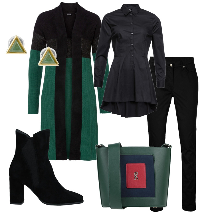 Outfit donna - Verde di sera. Stile Urban per Tutti i giorni. Abbinamento con camicie, cardigans, pantaloni, borse a tracolla, stivaletti, orecchini.