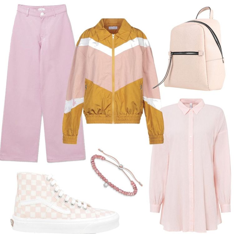 Outfit donna - Ottobre si tinge di rosa. Stile Casual per Scuola/Università. Abbinamento con camicie, zaini, giacche, sneakers, pantaloni, braccialetti.