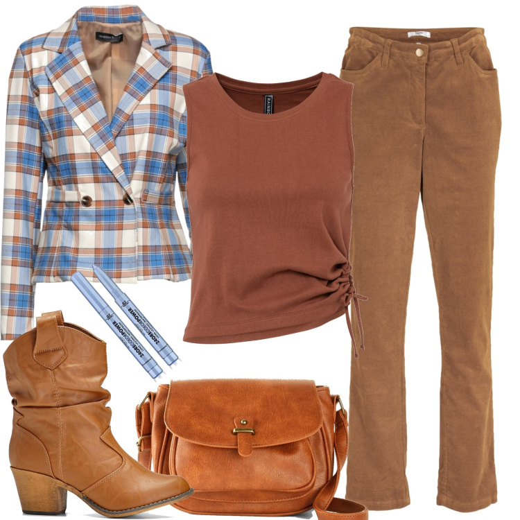 Outfit donna - Allure Seventies. Stile 70s per Tutti i giorni. Abbinamento con pantaloni, stivaletti texani, borse a tracolla, top, blazer, ombretti.
