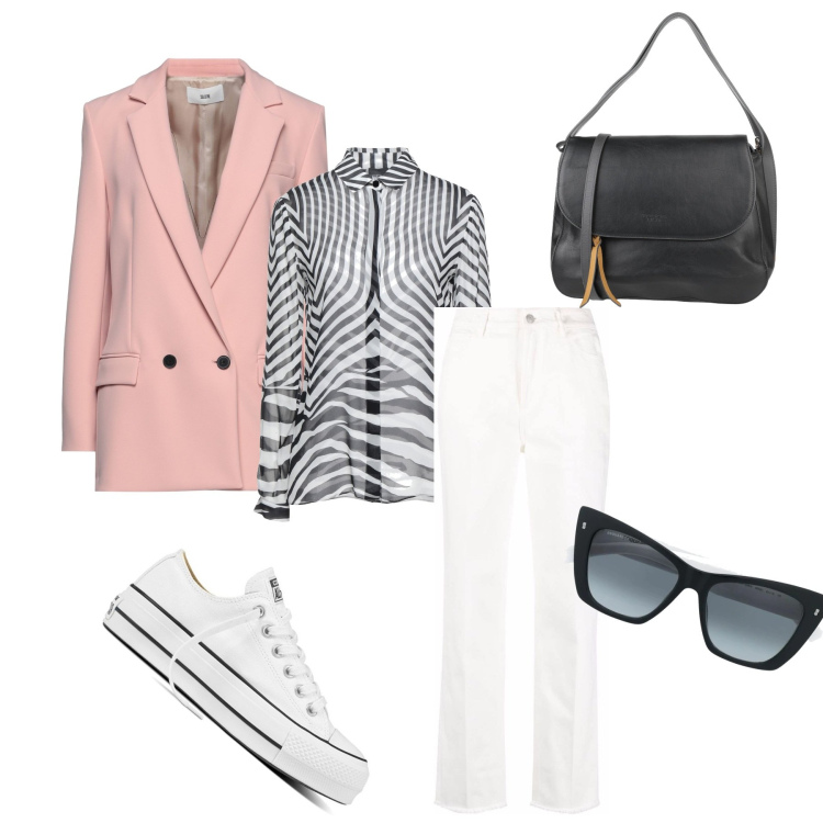 Outfit donna - La giacca rosa. Stile Casual chic per Tutti i giorni. Abbinamento con blazer, camicie, borse a mano, sneakers, occhiali da sole, jeans dritti.