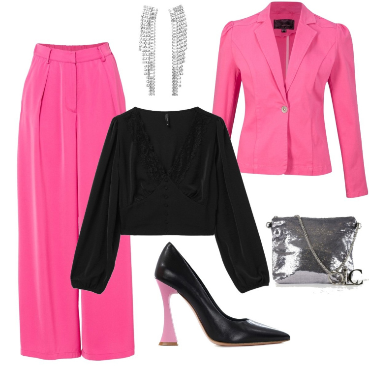 Outfit donna - Elegantemente rosa. Stile Glamour per Cerimonia. Abbinamento con camicie a manica corta, pantaloni a palazzo, décolleté, top, orecchini, pochette.