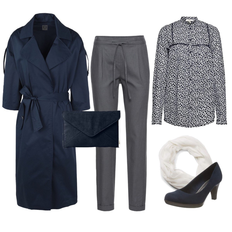 Outfit femme - Work in Blue. Style Casual chic pour Bureau. Assortir avec pantalon , tuniques, imperméable, clutches, chaussures à talon, écharpes.