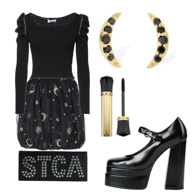 Outfit donna - Serata stregata. Stile Glamour per Serata fuori. Abbinamento con décolleté, pullovers, minigonne, borse a mano, orecchini, mascara.