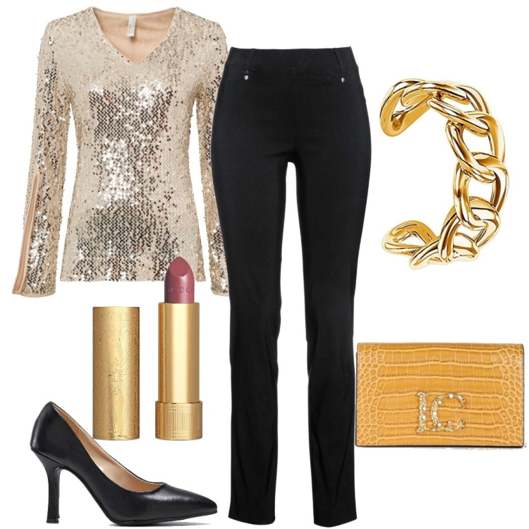 Outfit donna - Giallo oro curvy. Stile Glamour per Serata fuori. Abbinamento con pantaloni, maglieria, décolleté, pochette, rossetti, orecchini.