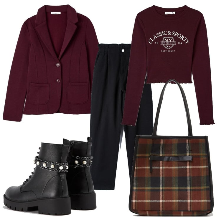 Outfit donna - Terranova autunno inverno. Stile Casual per Tutti i giorni. Abbinamento con giacche, pantaloni, t-shirt, anfibi, shopping bag.