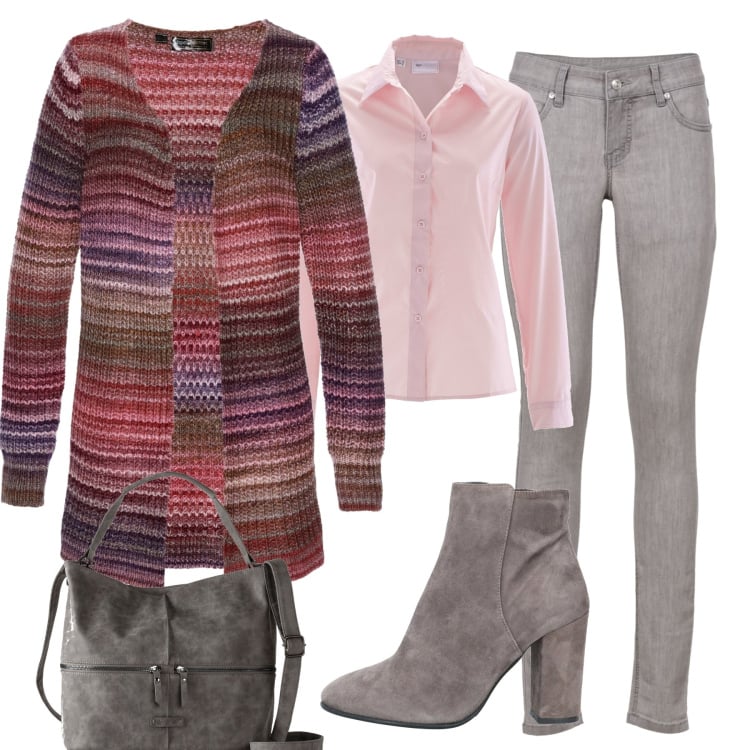 Outfit donna - Il cardigan a righe. Stile Casual chic per Tutti i giorni. Abbinamento con jeans skinny, cardigans, camicie, borse a mano, stivaletti.