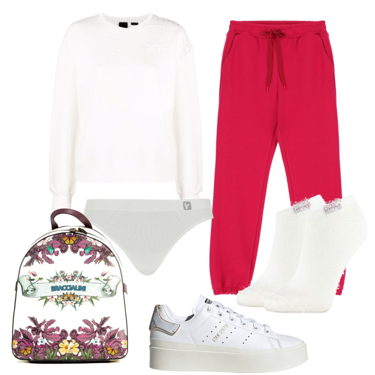 Outfit donna - Outfit donna Rosso e bianco. Stile Sporty chic per Sport. Abbinamento con sneakers, pantaloni, zaini, felpe, perizomi, calzini.