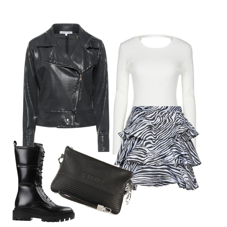 Outfit donna - Il chiodo e la mini. Stile Preppy per Serata fuori. Abbinamento con stivali, giacche, minigonne, pullovers, clutch.