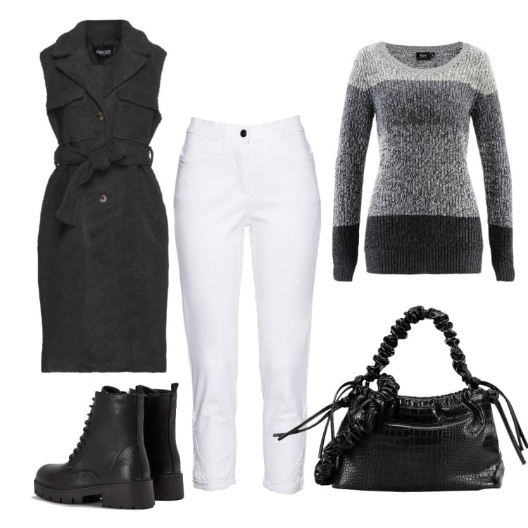 Outfit donna - Total look #1439415. Stile Casual chic per Tutti i giorni. Abbinamento con cappotti, borse a mano, maglieria, jeans, anfibi.