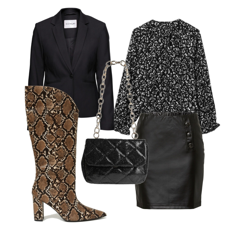 Outfit donna - Stivale pitonato per la sera. Stile Glamour per Serata fuori. Abbinamento con blazer, gonne, borse a spalla, bluse, stivali.