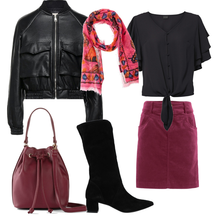 Outfit donna - Gonna in velluto rosso. Stile Casual chic per Ufficio. Abbinamento con gonne lunghe, camicie, borse a mano, stivali, giacche, sciarpe.