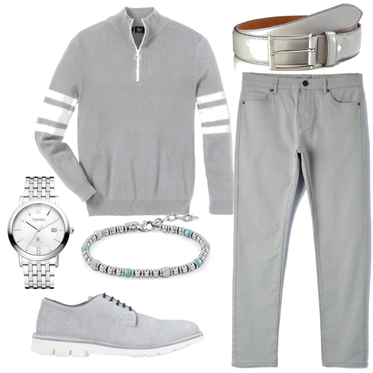 Outfit uomo - Grigio casual. Stile Casual per Ufficio. Abbinamento con t-shirt sportive, scarpe stringate, pantaloni skinny, orologi, cinture, braccialetti.