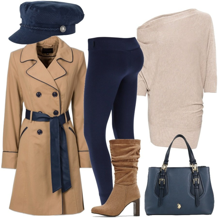 Outfit donna - Trench: capospalla iconico. Stile Sporty chic per Scuola/Università. Abbinamento con trench, maglieria, stivali, cappelli, borse a mano, pantaloni.