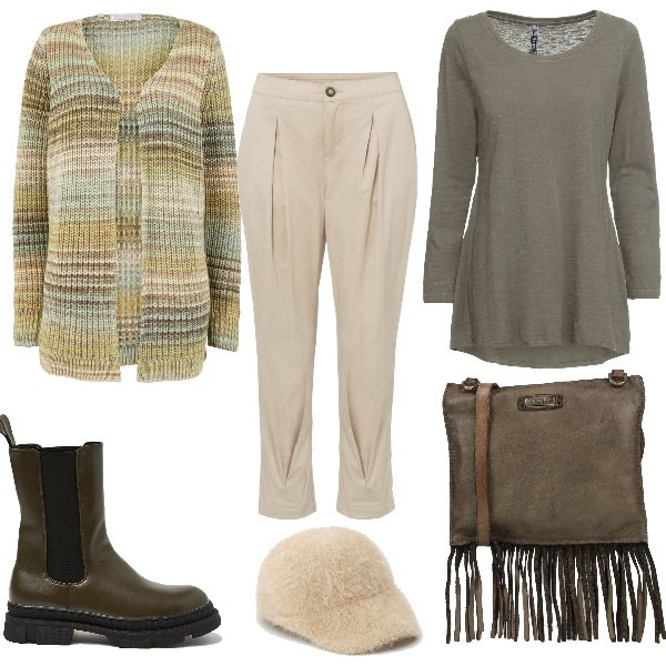 Outfit donna - Total look #1439612. Stile Casual per Tutti i giorni. Abbinamento con borse a tracolla, maglieria, cardigans, pantaloni capri, cappelli con visiera, stivali.