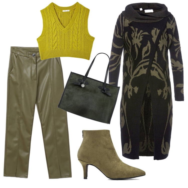 Outfit donna - Oliva e verde acido. Stile Casual chic per Scuola/Università. Abbinamento con cardigans, stivaletti, borse a mano, maglieria, pantaloni.