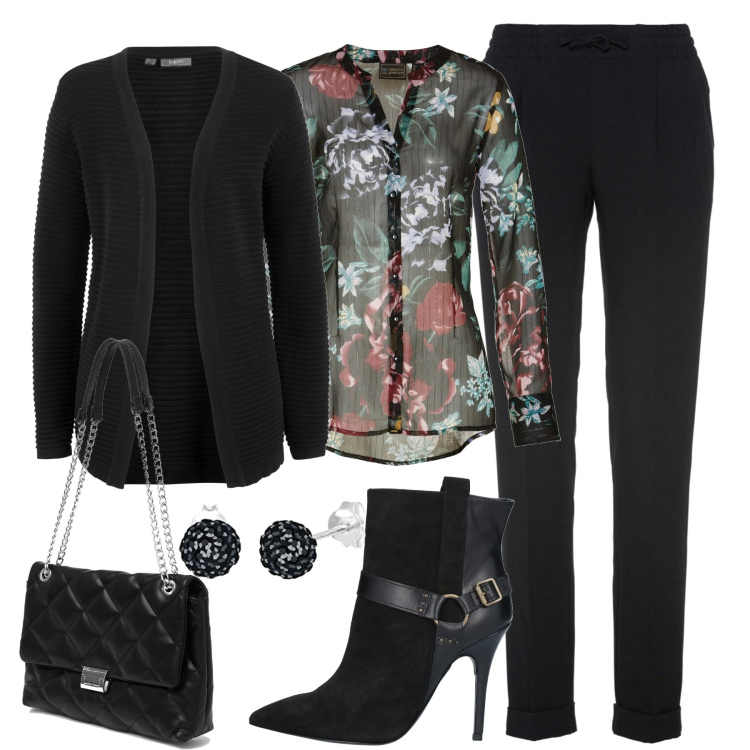 Outfit donna - In ufficio. Stile Casual chic per Ufficio. Abbinamento con pantaloni, camicie, cardigans, stivaletti, borse a spalla, orecchini.