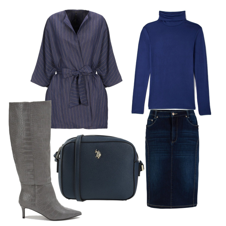 Outfit donna - Blu e grigio. Stile Casual chic per Tutti i giorni. Abbinamento con gonne, blazer, borse a tracolla, t-shirt, stivali.