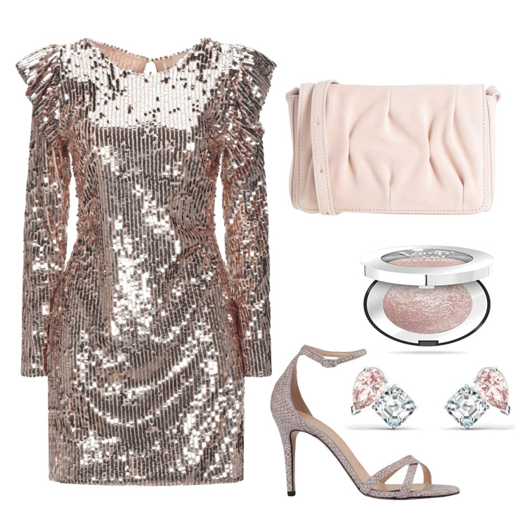 Outfit donna - Glam per la ricerca. Stile Glamour per Cerimonia. Abbinamento con vestiti corti, sandali col tacco, borse a tracolla, orecchini, ombretti.