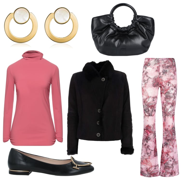 Outfit donna - Rosa e nero. Stile Casual chic per Ufficio. Abbinamento con ballerine, t-shirt, borse a mano, giacche, pantaloni, orecchini.