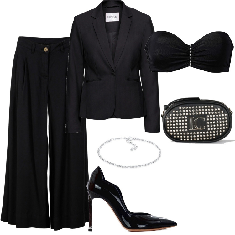 Outfit donna - Affascinante notte. Stile Sexy per Serata fuori. Abbinamento con blazer, pantaloni capri, reggiseni, décolleté, borse a tracolla, braccialetti.