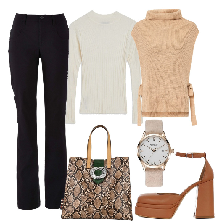 Outfit donna - Smanicato sul golfino. Stile Bon Ton per Serata fuori. Abbinamento con pantaloni, cappotti, borse a mano, décolleté, maglieria, orologi.