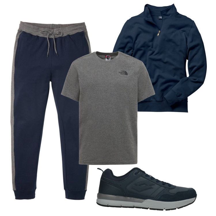 Outfit uomo - Grigio e Blu. Stile Urban per Sport. Abbinamento con felpe, pantaloni, sneakers, t-shirt.
