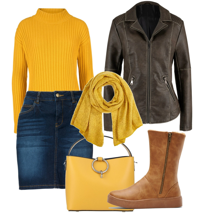 Outfit donna - Giallo oro sul tubino denim. Stile Urban per Tutti i giorni. Abbinamento con stivali, gonne, maglieria, blazer, borse a mano, sciarpe.