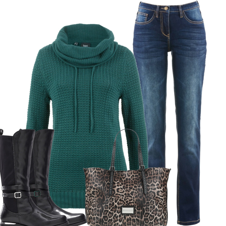 Outfit donna - Il pull verde. Stile Casual per Tutti i giorni. Abbinamento con jeans dritti, maglieria, stivali, borse a mano.