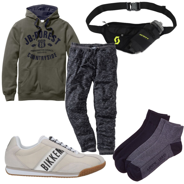 Outfit uomo - Il marsupio sportivo. Stile Trendy per Tutti i giorni. Abbinamento con pantaloni, felpe con cappuccio, sneakers, calzini, borse sportive.