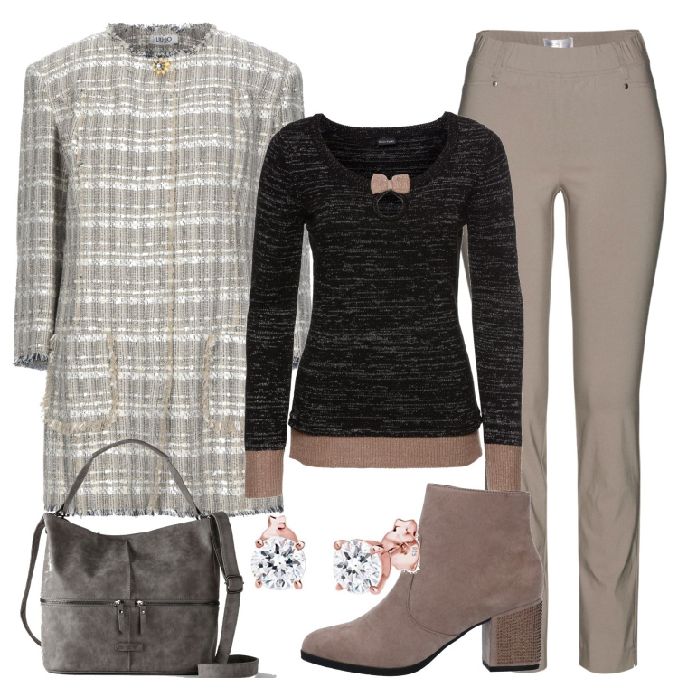 Outfit donna - In città. Stile Casual chic per Tutti i giorni. Abbinamento con maglieria, pantaloni, borse a mano, cappotti, stivaletti, orecchini.