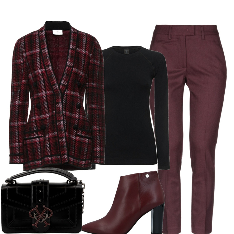 Outfit donna - Elegante bordeaux. Stile Casual chic per Tutti i giorni. Abbinamento con stivaletti, pantaloni, blazer, borse a tracolla, top.
