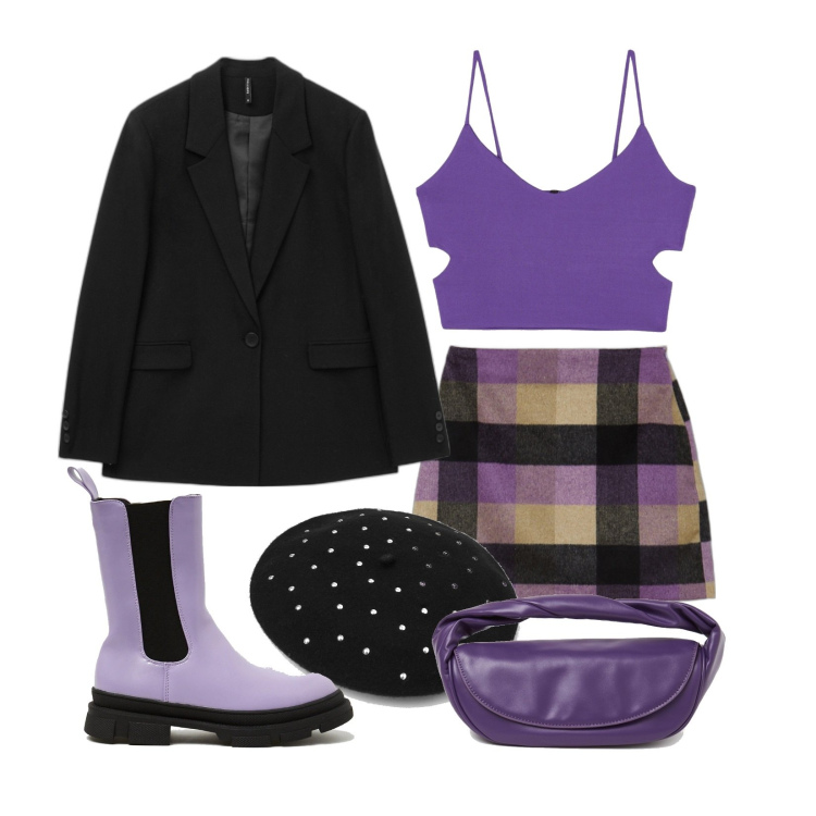 Outfit donna - Potere viola. Stile Casual per Scuola/Università. Abbinamento con minigonne, stivali, blazer, pochette, top, cappelli con visiera.