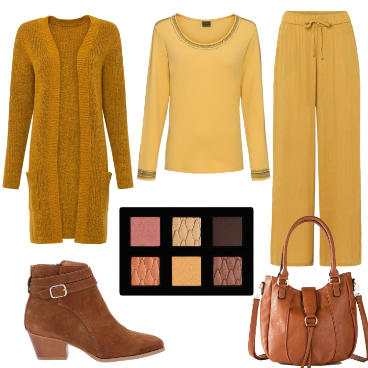 Outfit donna - Illumina l\'autunno. Stile Casual chic per Tutti i giorni. Abbinamento con pantaloni, maglieria, cardigans, borse a mano, stivaletti, ombretti.