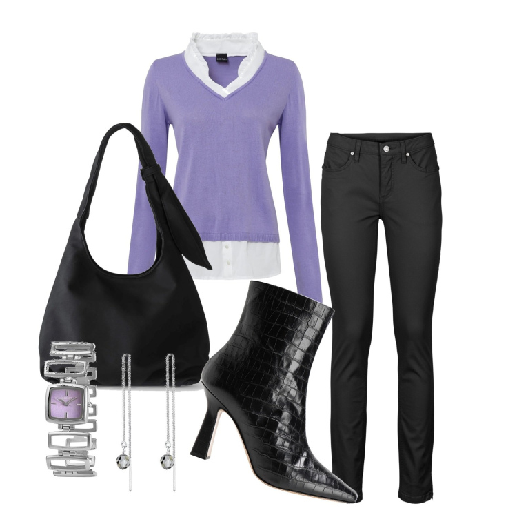 Outfit donna - Semplice semplice. Stile Basic per Ufficio. Abbinamento con jeans skinny, maglieria, borse a tracolla, stivaletti, orologi, orecchini.