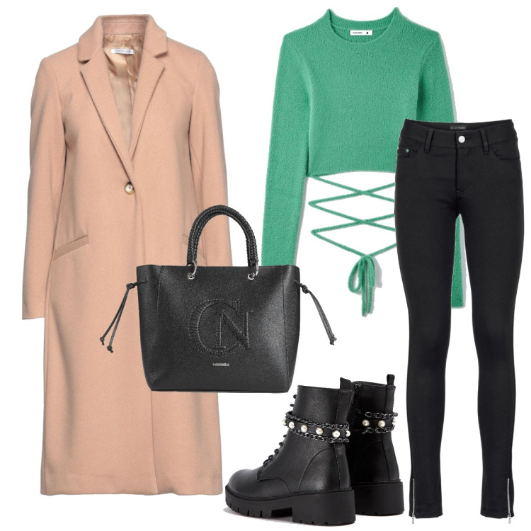 Outfit donna - La maglia con incrocio. Stile Casual chic per Tutti i giorni. Abbinamento con pantaloni, borse a mano, cappotti, maglieria, anfibi.
