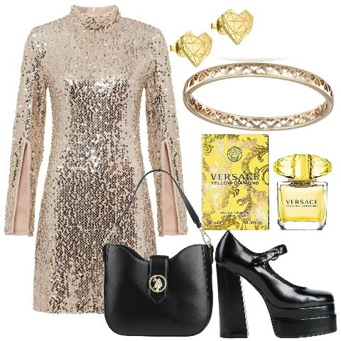 Outfit donna - Giallo oro - Focus Donna. Stile Casual chic per Serata fuori. Abbinamento con vestiti, décolleté, borse a mano, profumi, orecchini, braccialetti.