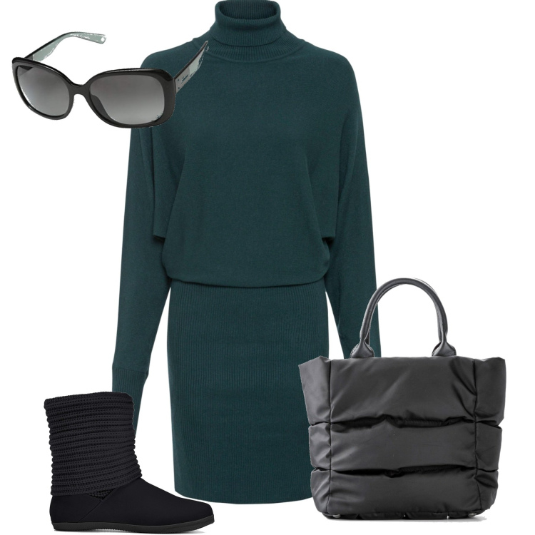 Outfit donna - All\'università. Stile Basic per Scuola/Università. Abbinamento con vestiti, stivali, borse a mano, occhiali da sole.