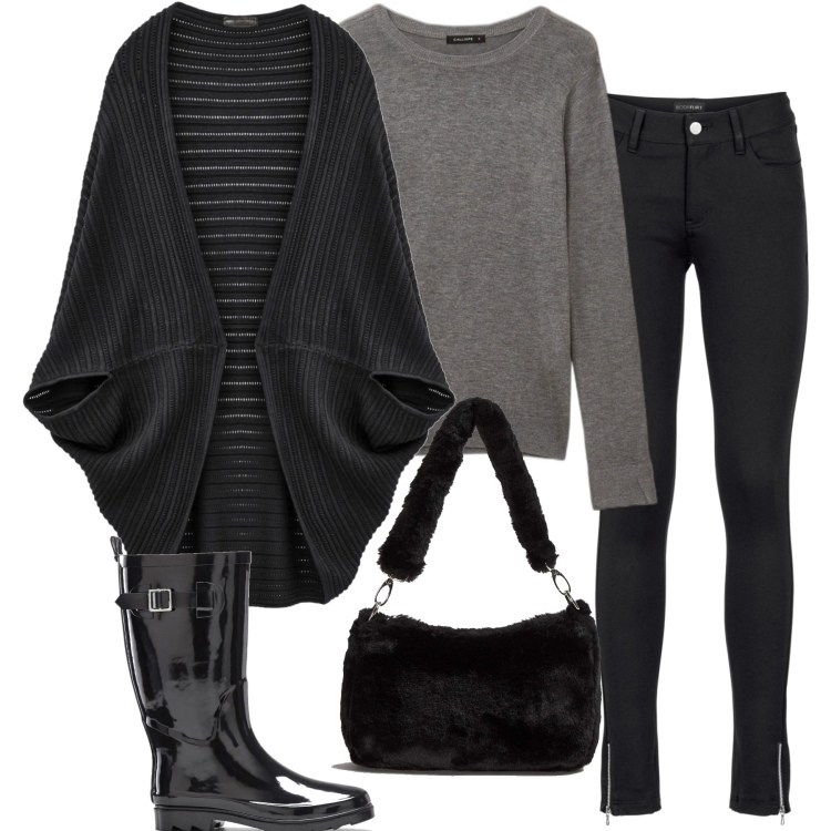 Outfit donna - Grigio e nero. Stile Casual per Tutti i giorni. Abbinamento con pantaloni, cappotti, stivali di gomma, borse a spalla, maglieria.