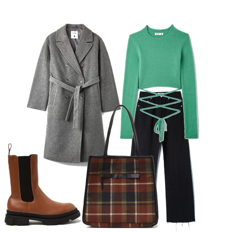 Outfit donna - Sbarazzina. Stile Casual per Tutti i giorni. Abbinamento con pantaloni, cappotti, maglieria, shopping bag, stivali.