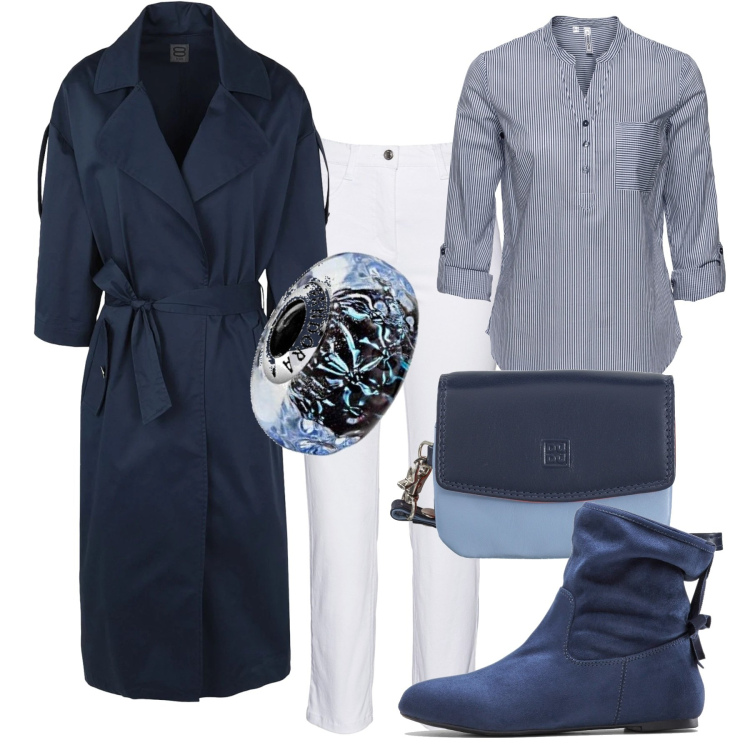 Outfit donna - Blu blu blu. Stile Casual chic per Tutti i giorni. Abbinamento con tuniche, pantaloni, stivaletti, trench, borse a mano, braccialetti.