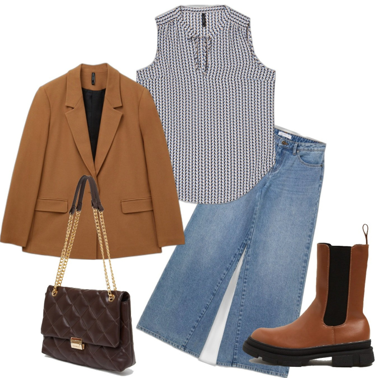 Outfit donna - Easy chic. Stile Casual chic per Tutti i giorni. Abbinamento con jeans, stivali, blazer, top, borse a spalla.