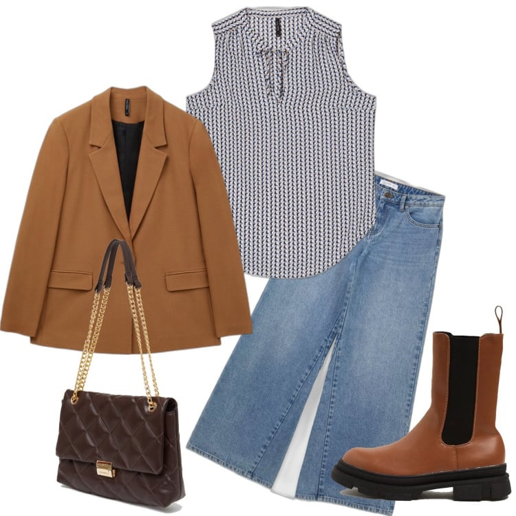 Outfit donna - Easy chic. Stile Casual chic per Tutti i giorni. Abbinamento con jeans, stivali, blazer, top, borse a spalla.