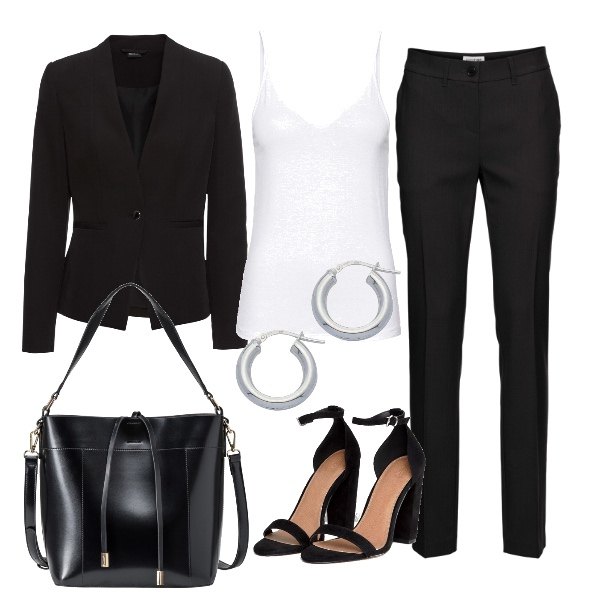 Outfit donna - Classico per l’ufficio. Stile Basic per Ufficio. Abbinamento con pantaloni, blazer, borsa a mano con laccetti nero, top con scollo bianco, sandali con tacco largo collo aperto in denim nudo, orecchini.