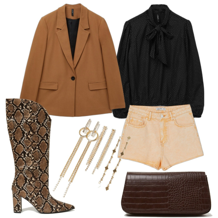 Outfit donna - Easy chic 2. Stile Casual chic per Serata fuori. Abbinamento con shorts, stivali, blazer, borse a spalla, orecchini, bluse.