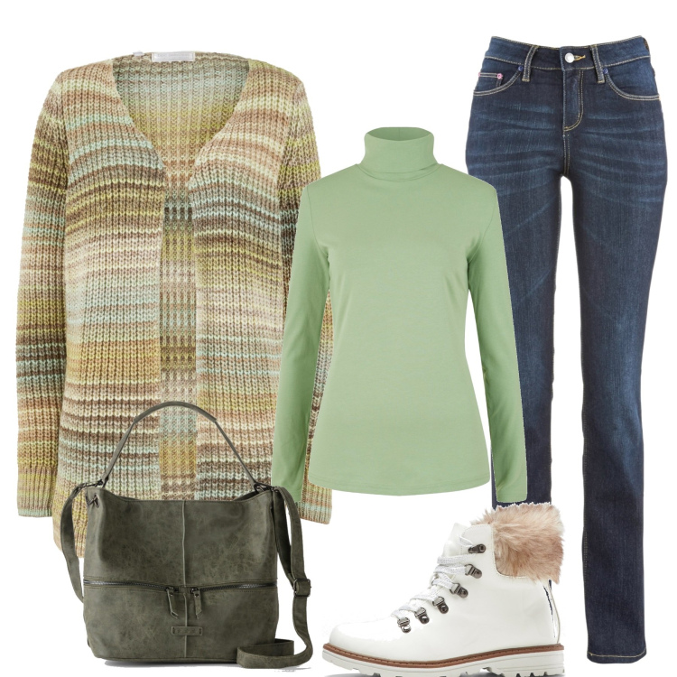 Outfit donna - In città. Stile Casual chic per Tutti i giorni. Abbinamento con jeans dritti, cardigans, maglieria, stivaletti, borse a mano.