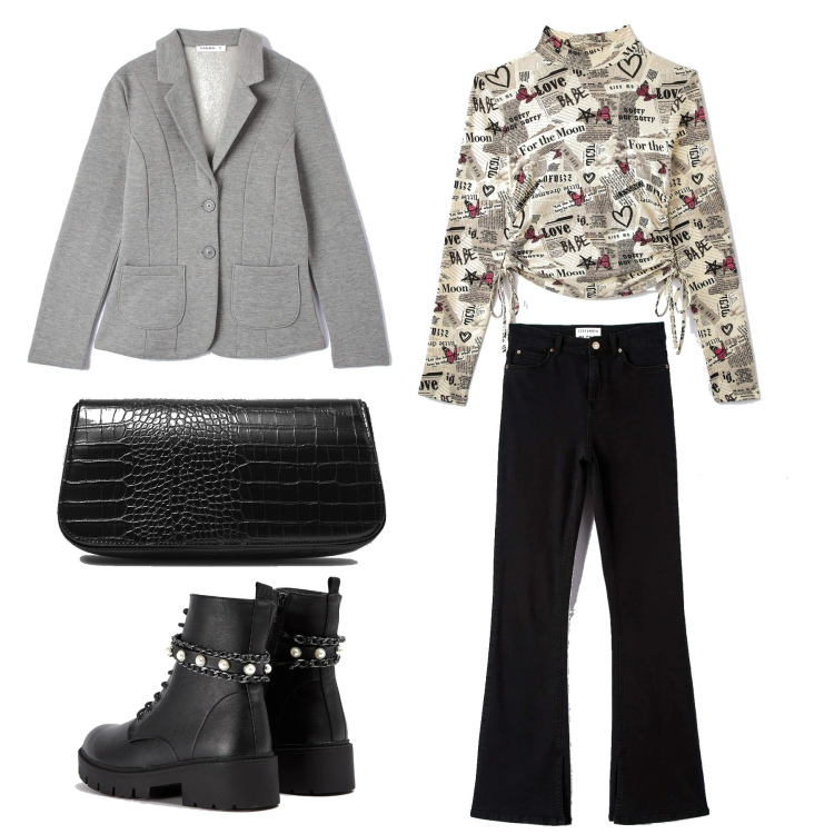 Outfit donna - Easy casual chic. Stile Casual chic per Tutti i giorni. Abbinamento con t-shirt, anfibi, giacche, jeans a zampa, borse a spalla.