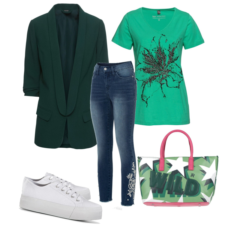 Outfit donna - Giornata di sole. Stile Basic per Tutti i giorni. Abbinamento con blazer, sneakers, jeans skinny, t-shirt, borse a mano.
